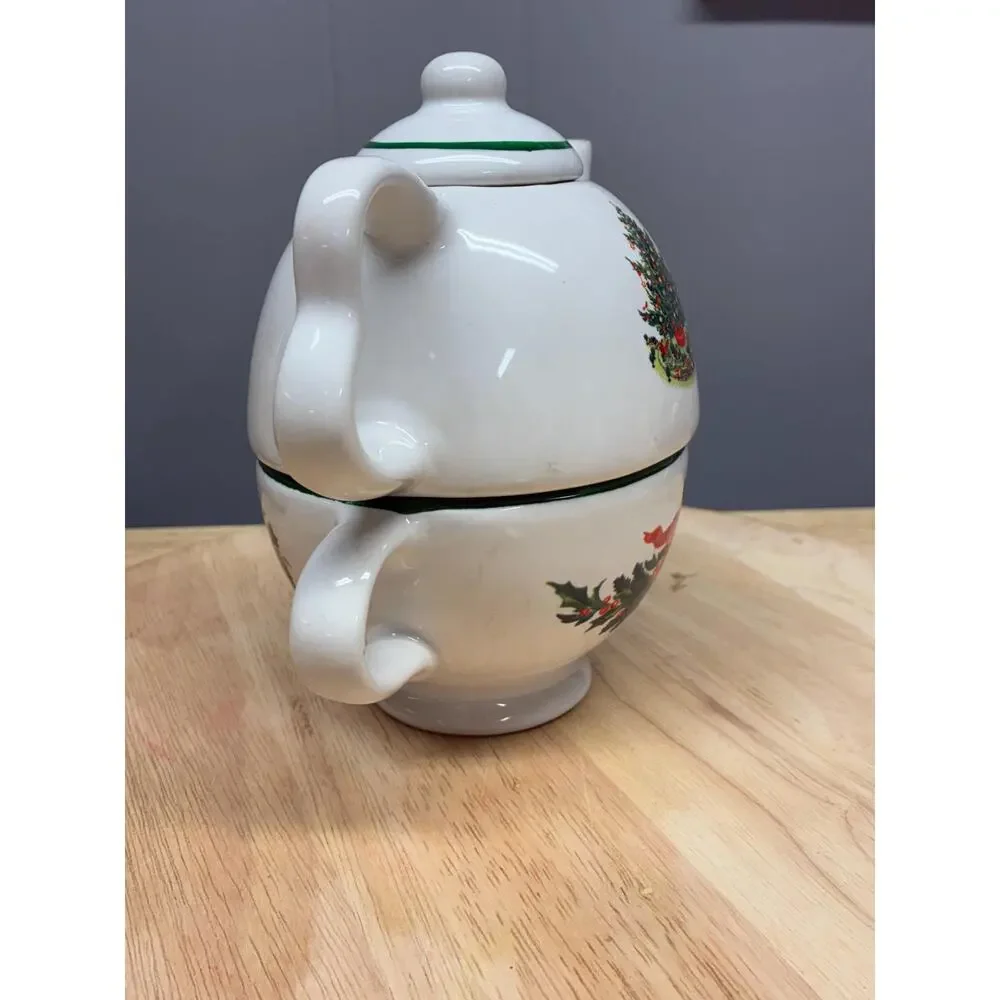 Pfaltzgraff Christmas Tree Tea for One Set | Teapot and Cup Stackable